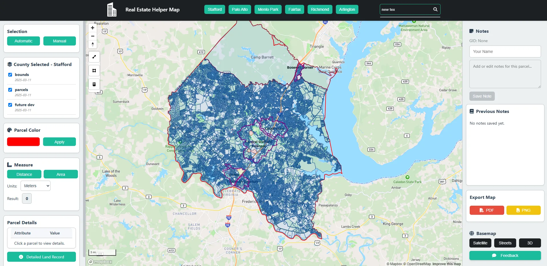 Mapbox parcel review map with a county-wide parcel selection, side panels and export controls.